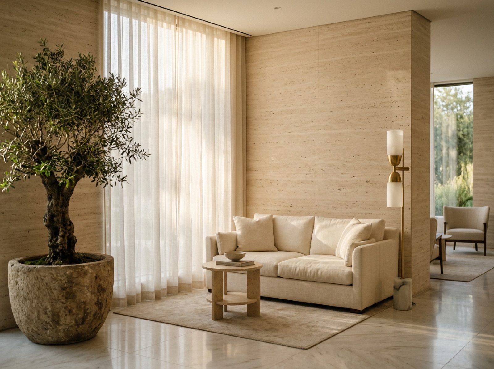 Seating area of a modern marble lobby with floor-to-ceiling windows
