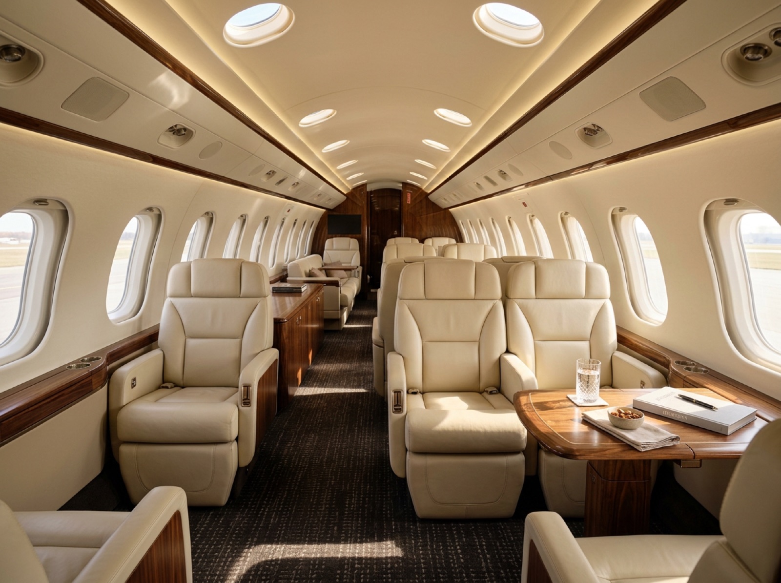 Private jet cabin with cream leather seats and warm daylight through the windows