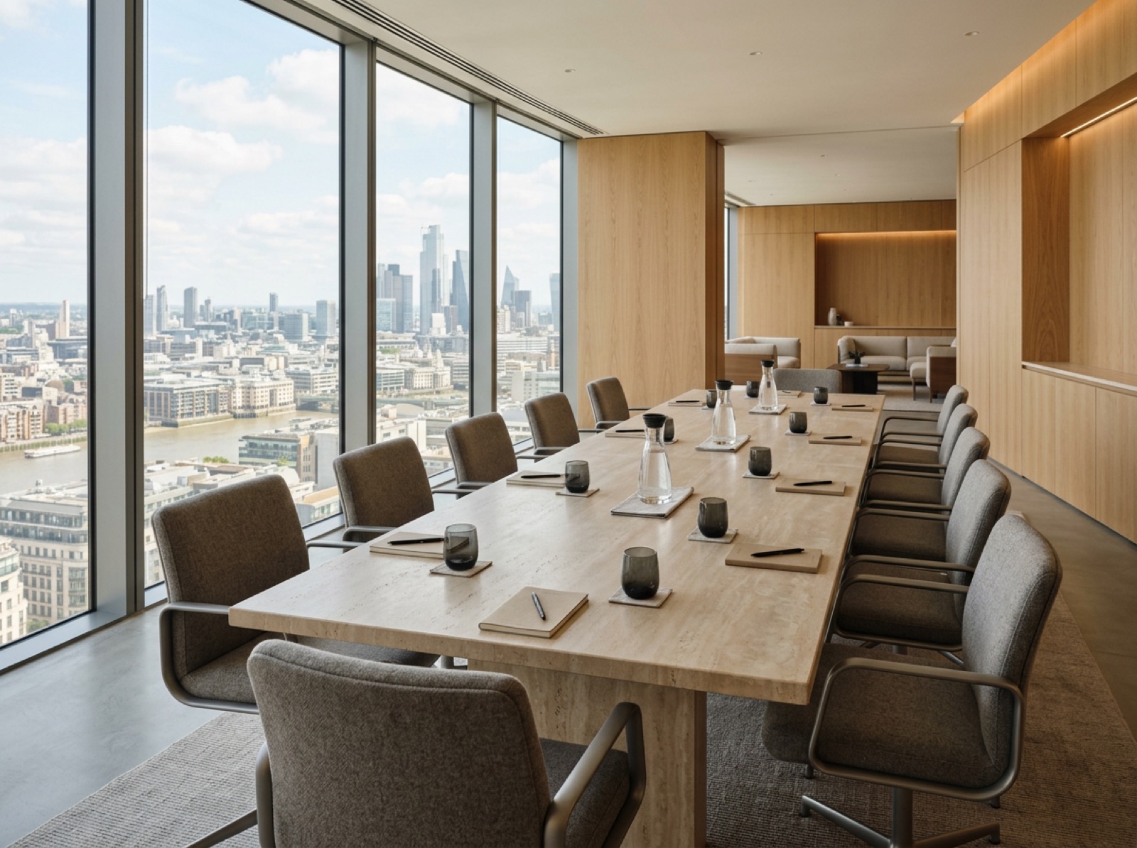 Minimalist meeting room with a long stone table and a daytime city view