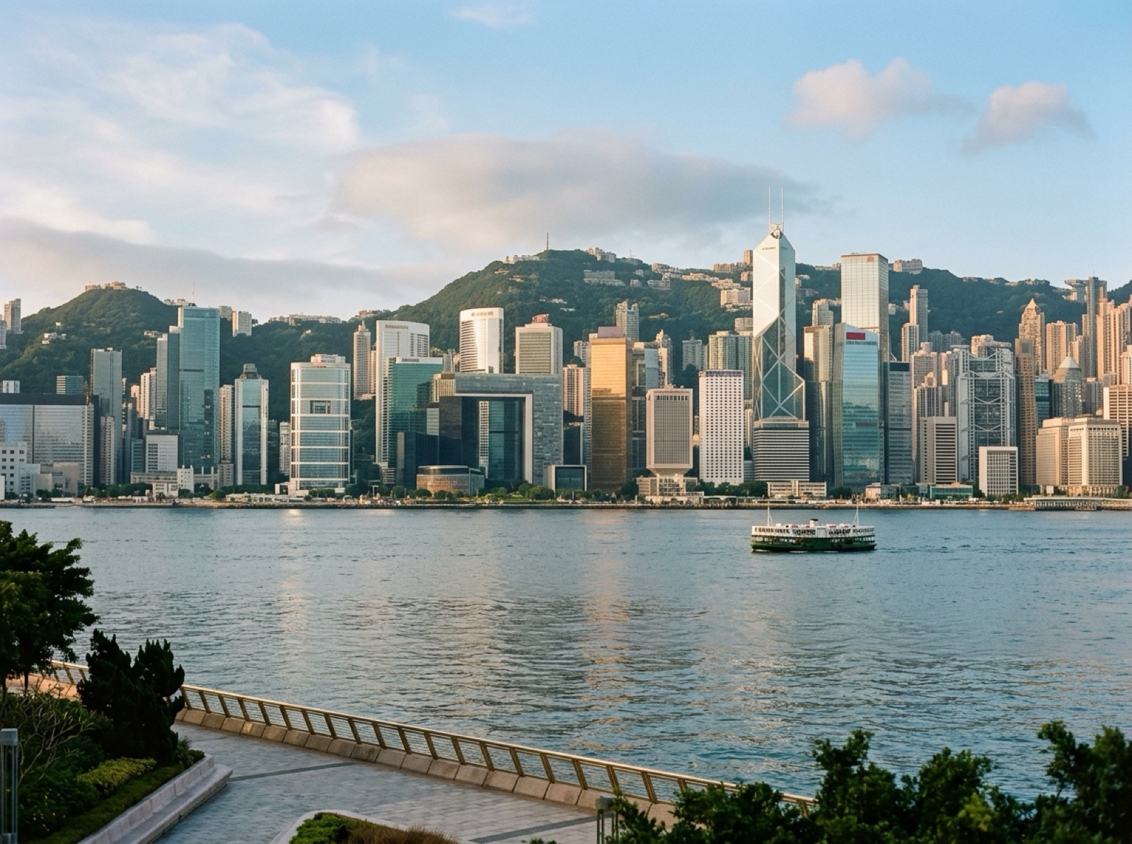 Hong Kong skyline across the harbour on a clear day